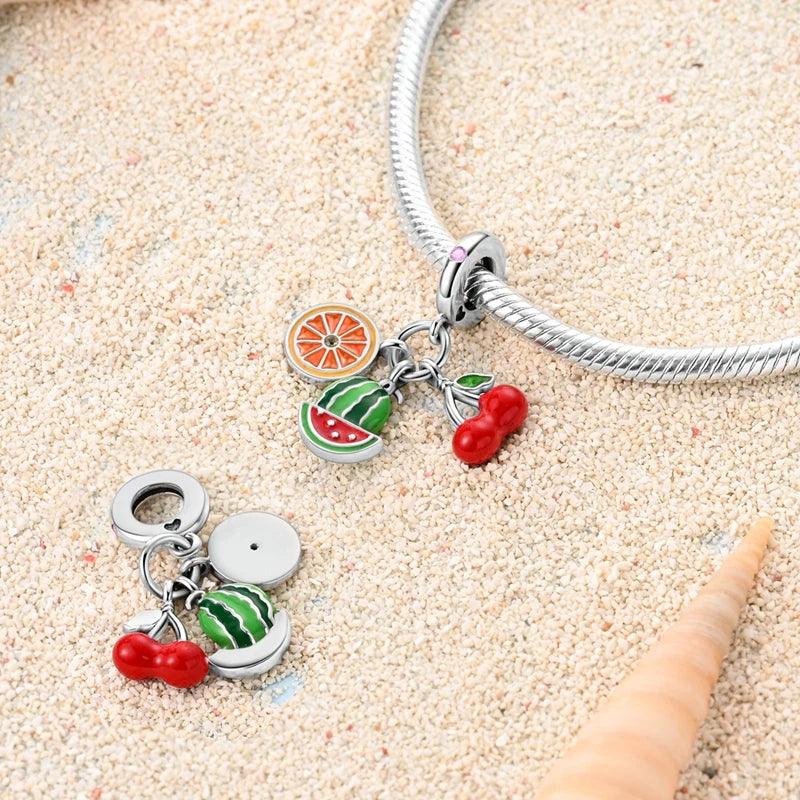 New 925 Silver Color Strawberry Cherry Fruit Series Charms Beads Fit Pandora 925 Original Bracelets DIY Birthday Jewelry Gifts