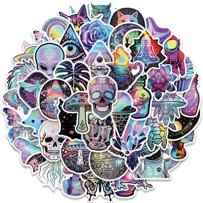 50pcs Cool Cartoon Laser Holographic Trippy Skull Stickers For Laptop Phone Guitar Luggage Diary Waterproof Graffiti Decals