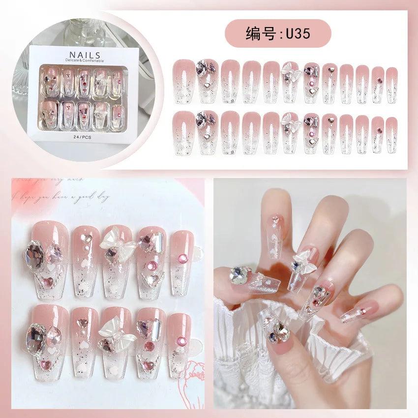 24pcs Luxury Handmade Nail Art Glossy Long Ballet Fake Nails Full Rhinestone Press On Nails Y2K False Nails For Women Girl Party