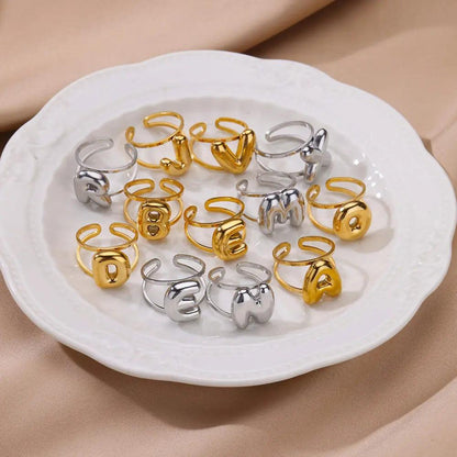 Gold Color A-Z Letter Alphabet Rings for Women Gothic Double Layer Thick Initial Letter Femme Ring Stainless Steel Jewelry Gift