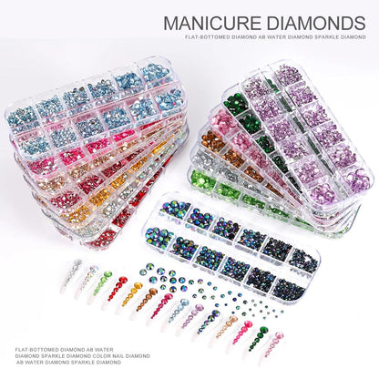 12Gird 3D Glass AB Crystal Nail Art Rhinestones Kit Flatback Round Bead Charm Gem Stones Jewelry Diamond with Tools for Nail Art