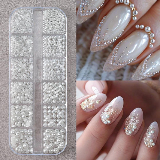 Round White Pearls Nail Beads Nail Charms 12 grids (0.15-0.5cm) Caviar Beads Nail Jewels Half Round Pearl Gems DIY Nail Art Deco