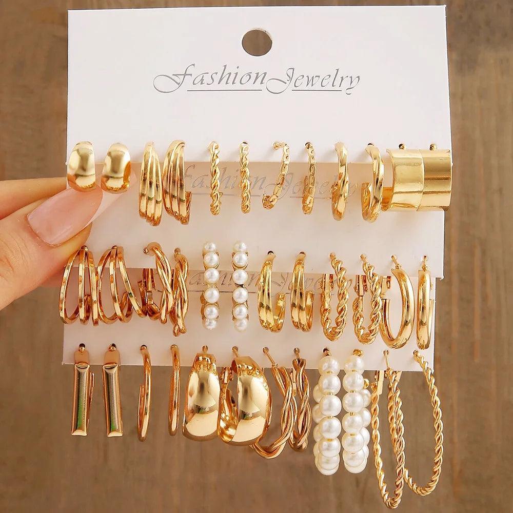 6-24 Pairs Set Geometry Gold Plated Metal Faux Pearl Hoop Earrings Set for Women Vintage Round Circle C Shape Earring Jewelry