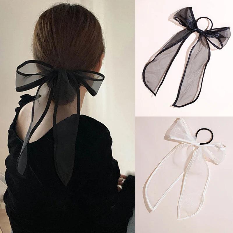 Lystrfac Vintage Black Velvet Bow Hair Ribbon Scrunchie for Women Girls Long Elastic Hair Tie Headwear Female Hair Accessories