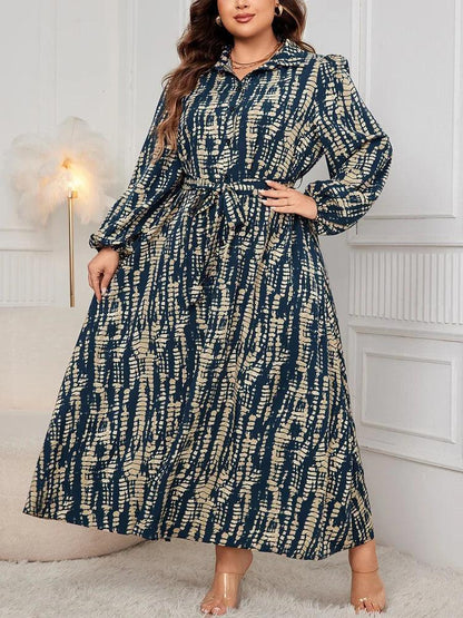 GIBSIE Plus Size Vintage Print Lantern Sleeve Belted Shirt Dress Women Autumn Polo Collar Button-up Casual Maxi A-Line Dresses