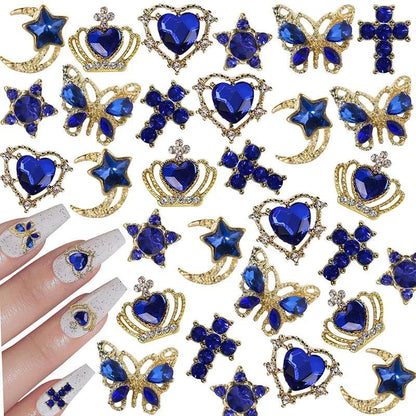 30Pcs Pink Nail Charms Alloy Rhinestones 3D Star Butterfly Heart Cross Gem Nails Crystal Diamond Nail Art Decoration Accessories