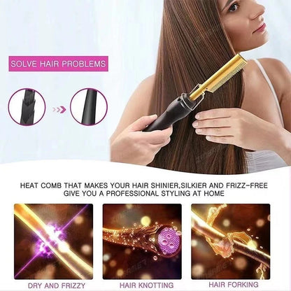 Gold Electric Hair Brushes for Straightener Comb,Copper Hot Comb Heat Pressing Curling/Straightener Styling Brush 220V for Women