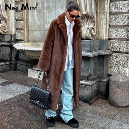 Neo Mint 2024 Winter Luxury Faux Mink Fur Coat Women Iconic Brand Long Outerwear Jacket Crystal Hooks Street Style Warm Overcoat