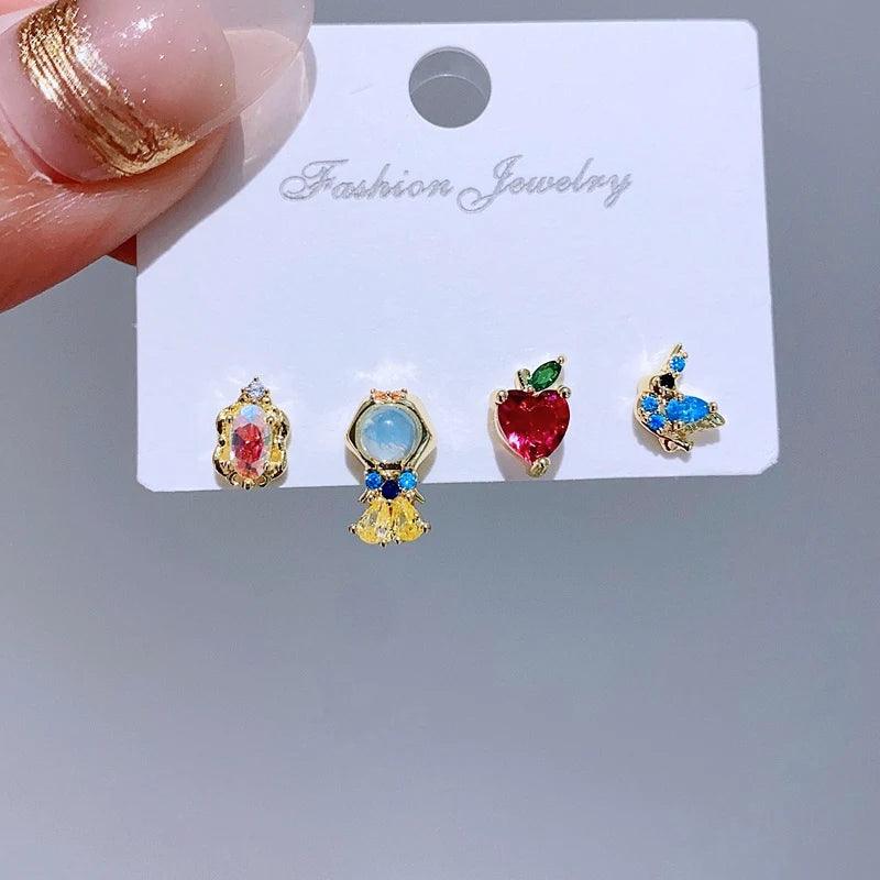 4pcs/set Small Cartoon Sweet Princess Stud Earrings Gold Color Women Girls Cubic Zircon Gift Jewelry