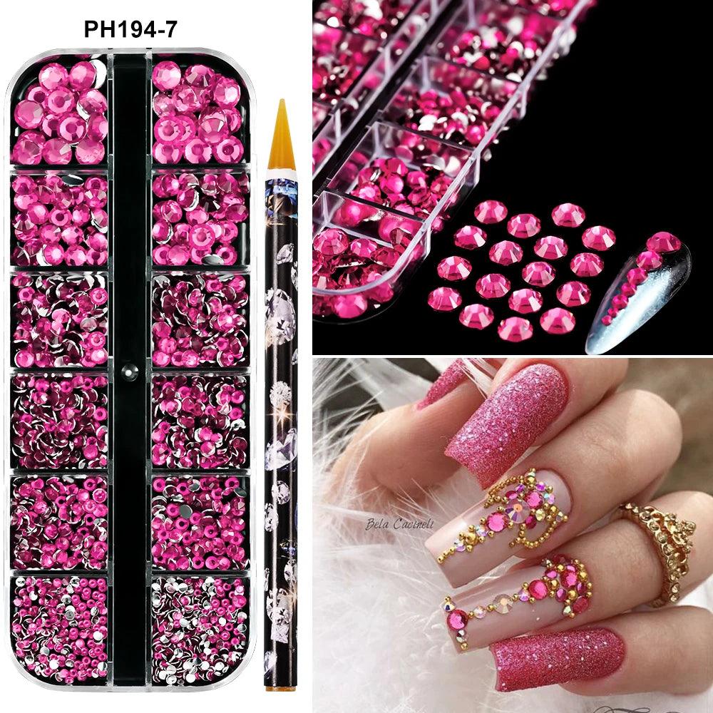 12Grids SS6-SS30 Mixed Nail Rhinestones Clear/Gold/AB Diamond Nail Gems  Flat-back Glass Stones Nail Charms with Wax Pen Picker