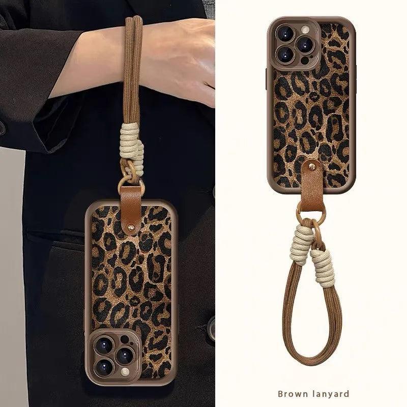 Fashion Brown Leopard Pattern Wrsit Strap Silicone Phone Case For iPhone 11 12 13 14 15 16 Pro Max 15Plus Shockproof Soft Cover