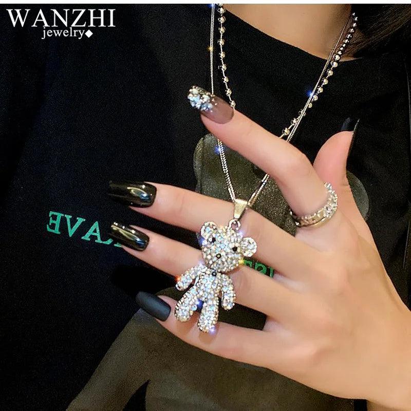 WANZHI Stainless Steel Necklace for Women Fashion Double Layer String Beads Chain Shiny Zircon Bear Pendant Trend Party Jewelry