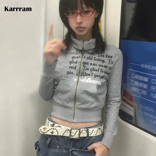 Karrram Japanese Y2k Cropped Jacket Vintage Harajuku Short Coat American Retro Letter Print Zipper Sweatshirt Grunge Outerwear