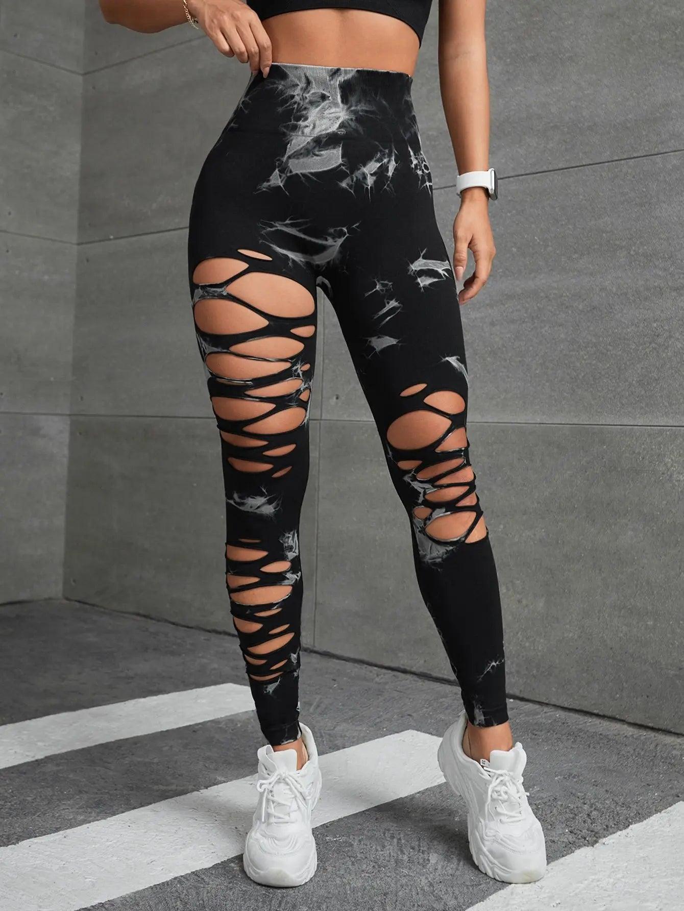 Women Tie Dye Hollow Out Leggings Sports Pants Fitness Sportswear Sexy High Waisted Push Up Gym Tights Red Running Leggings