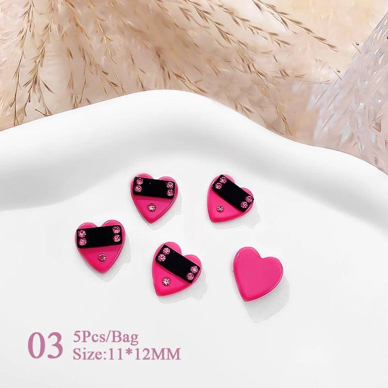 5pcs Pink Black Heart Star Flower 3D Nail Charms Y2K Style Inlaid Rhinestone Nail Jewelry Parts Nail Art Decoration