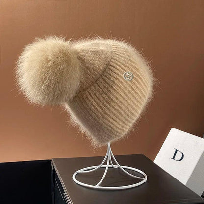 Real Fox Fur Pom Poms Hats for Women Winter Outdoor Warm Skullies Beanies Fashion M Letter Rabbit Knitted Thick Cap Christmas