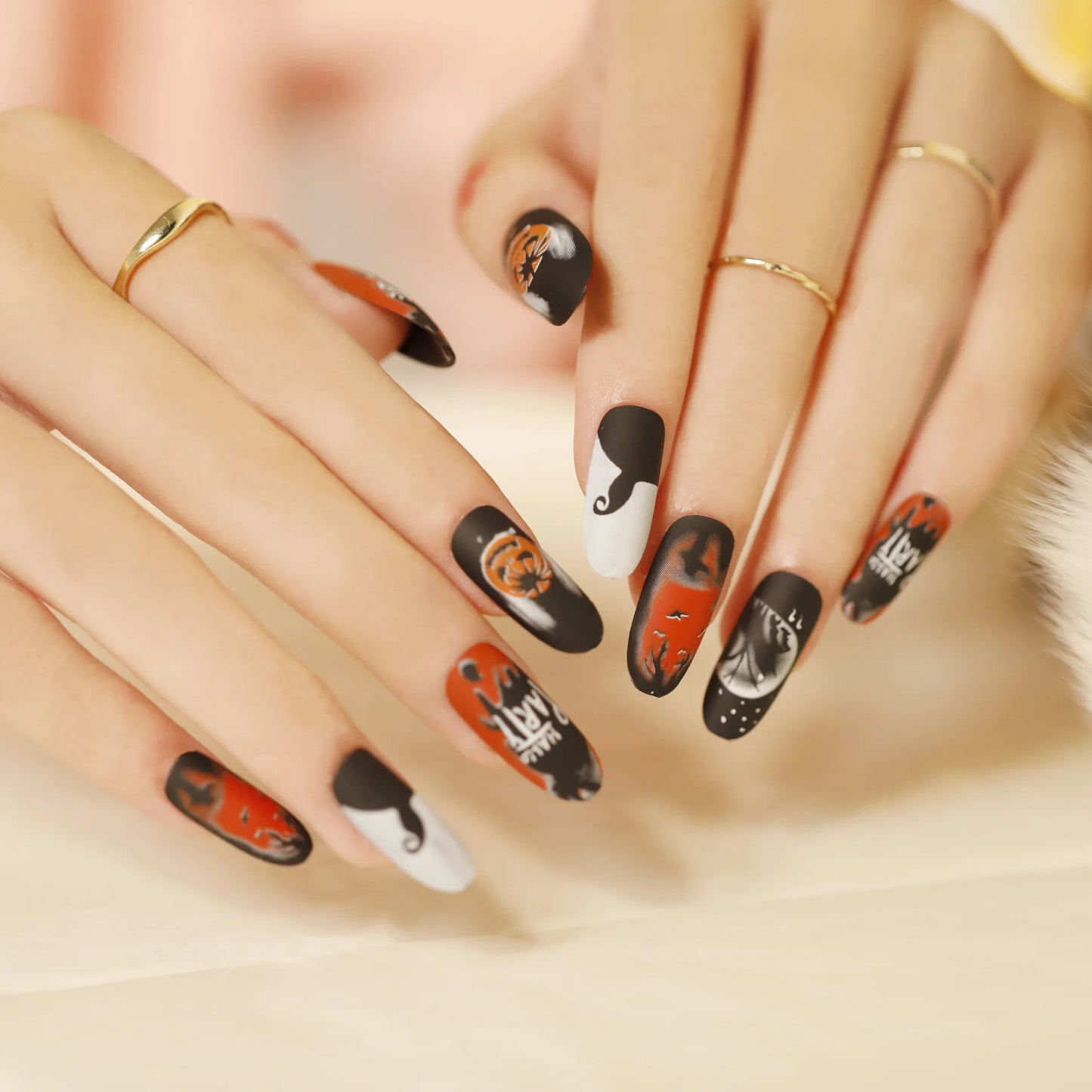 24pc/set Fashion Almond Press On Nails Art Halloween Black Ghost Design Fake Nail Pumpkin Castle Pattern Glossy False Nails Tips