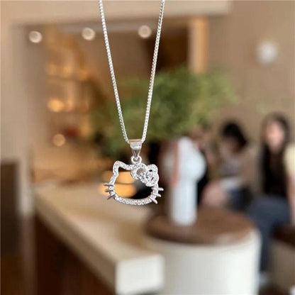 Kawaii Hello Kitty Sanrio Pink Crystal Necklace Silver Alloy Anime Jewelry Chain Female Charm Valentine Accessories Girl Gift