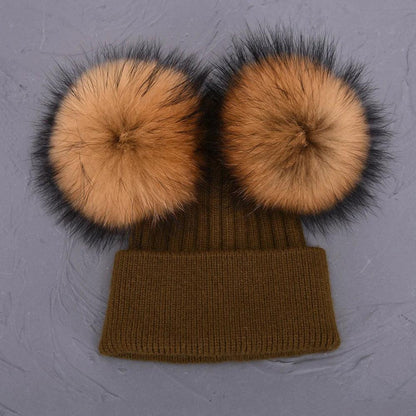 Double Real Raccoon Fur Pompom Hat Women Winter Caps Knitted Wool Hats Skullies Beanies Girls Female Two Fur Pom Pom Beanie Hat