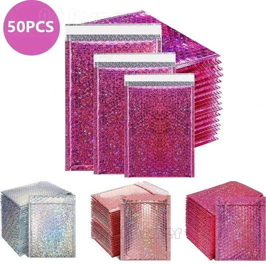 50Pcs Holographic Bubble Mailer Rose Red Mailing Envelope Waterproof Courier Bag Padded Bubble Envelopes Pack Bag for Shipping