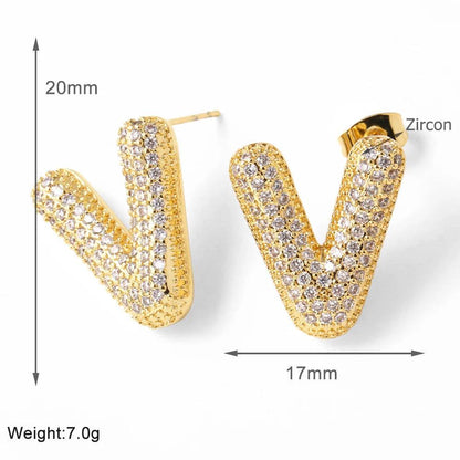 FLOLA Clear Crystal Bubble Letter Earrings for Women Copper Gold Plated Initial Ear Studs Name Jewelry Gifts ersa009