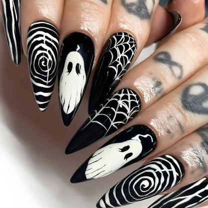 24pcs Halloween Spider Fake Nail Patch Printed French Coffin Ballet Fake Nail Wearable Full Cover Artificial Nail Tips for Girls