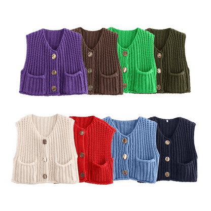 Korean Fashion Crop Sweater Women Vest Solid Loose Casual Sweater Vest Cable Knit Sweater Vest For Women Luxury Designer Tops