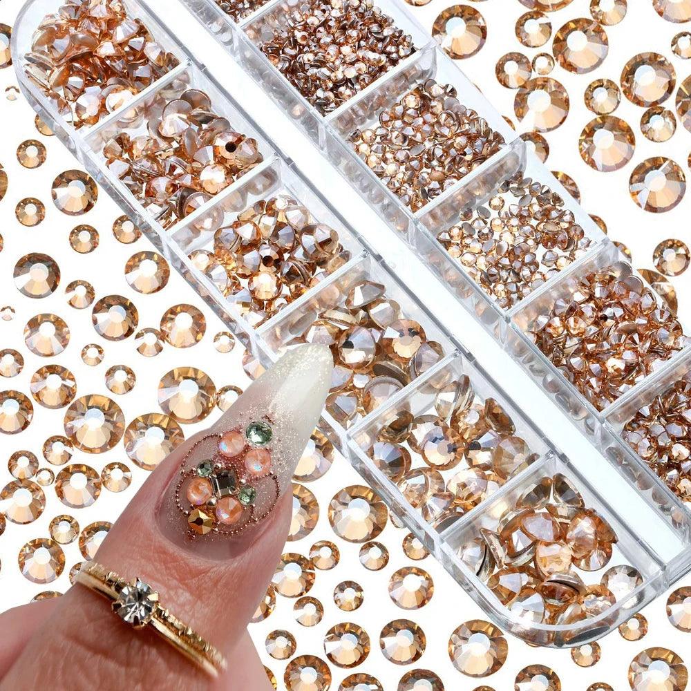 12Gird 3D Glass AB Crystal Nail Art Rhinestones Kit Flatback Round Bead Charm Gem Stones Jewelry Diamond with Tools for Nail Art