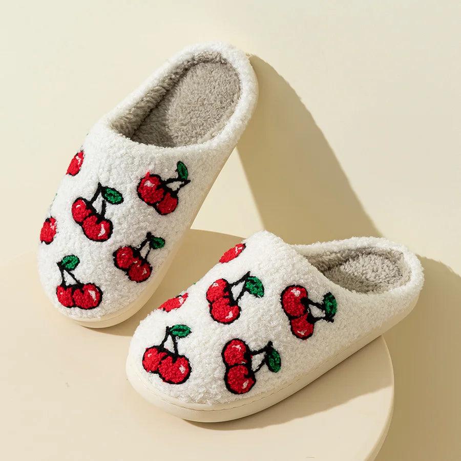 Cute Little Cherry Slippers Women Fluffy Cherries Fur Plush House Shoes Female Bedroom Comfy Home Flat Slip-on Slides New