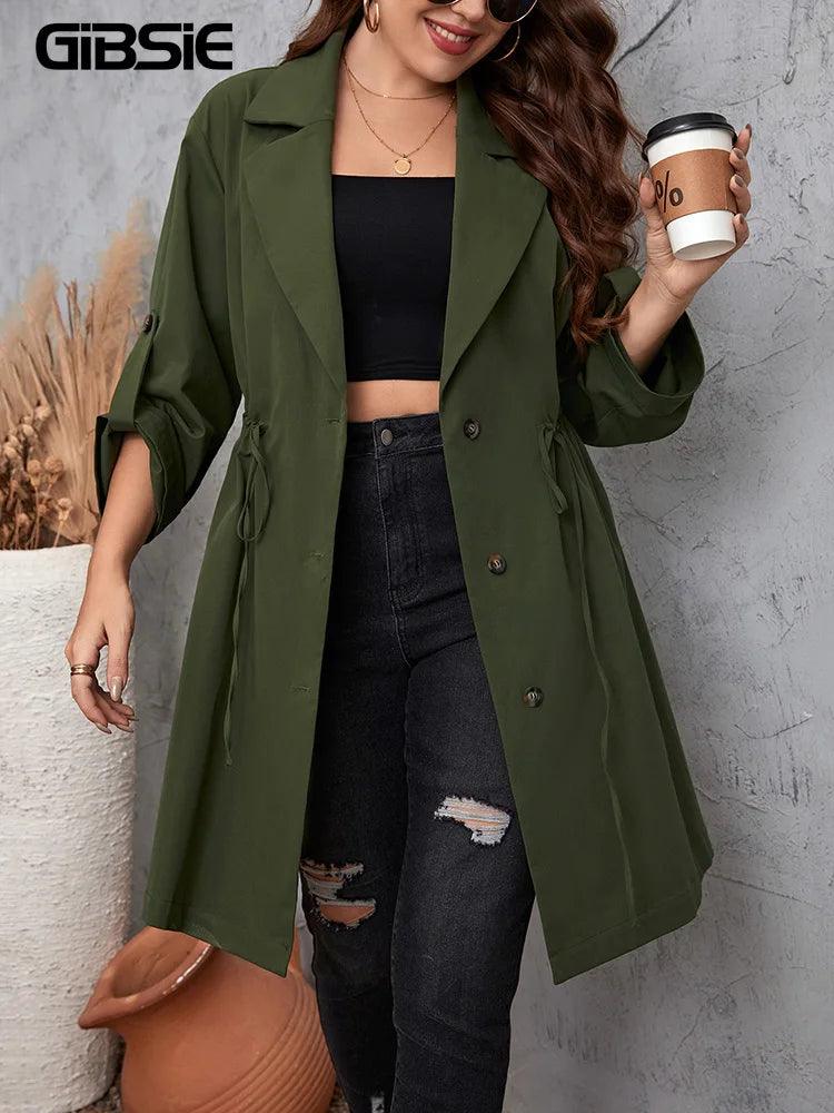 GIBSIE Plus Size Solid Notched Neck Trench Coat For Women 2023 Spring Fall Casual Drawstring Waist Female Buttons Long Coats