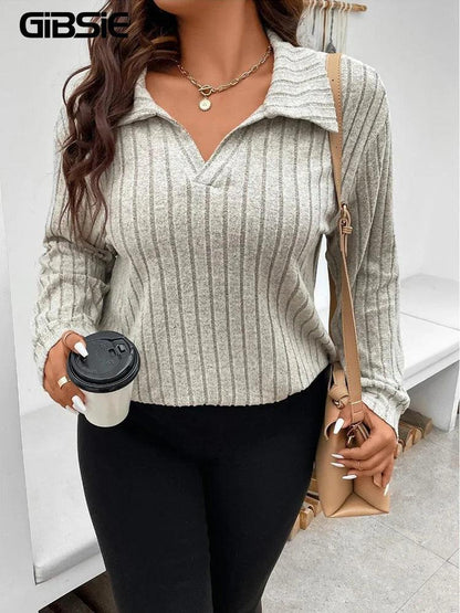 GIBSIE Plus Size Tshirt for Women Spring Fall Polo Collar Long Sleeve T-Shirt Female Casual Ribbed Knit Solid Tee Tops 2023