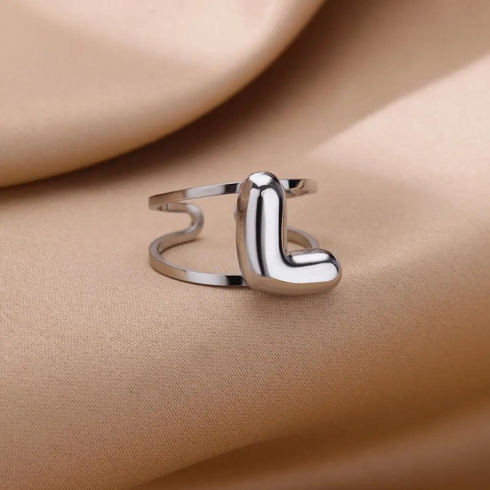 Gold Color A-Z Letter Alphabet Rings for Women Gothic Double Layer Thick Initial Letter Femme Ring Stainless Steel Jewelry Gift