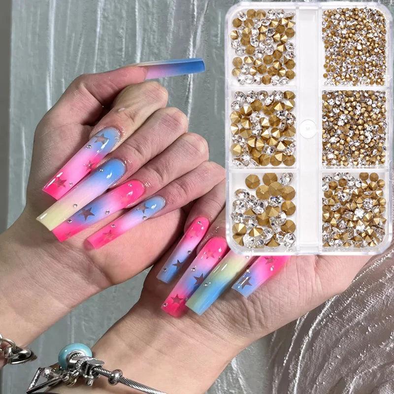 6 Grids/Box Crystal Broken Diamond Glass Nail Rhinestone AB Color Flat/Pointed Nail Gemstone Brilliant Nail Art Decoration Stone