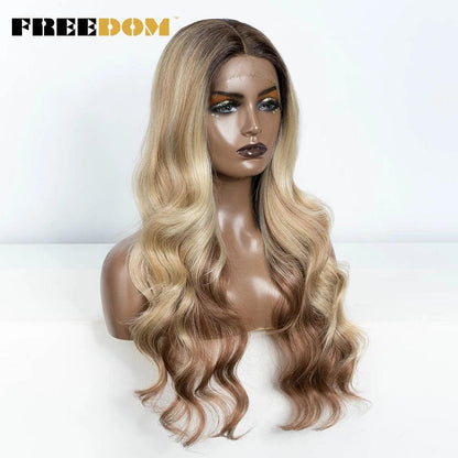 FREEDOM 13X4 Synthetic Lace Frontal Wigs For Women Body Wave Ombre Blonde Brown Ginger Lace Wigs Heat Resistant Cosplay Wigs - HighGloss Shop