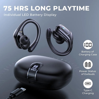 TWS Bluetooth Earphones 75H Playtime IPX7 Waterproof Wireless Headphones HiFi Stereo Sound LED Power Display Headset for Sports