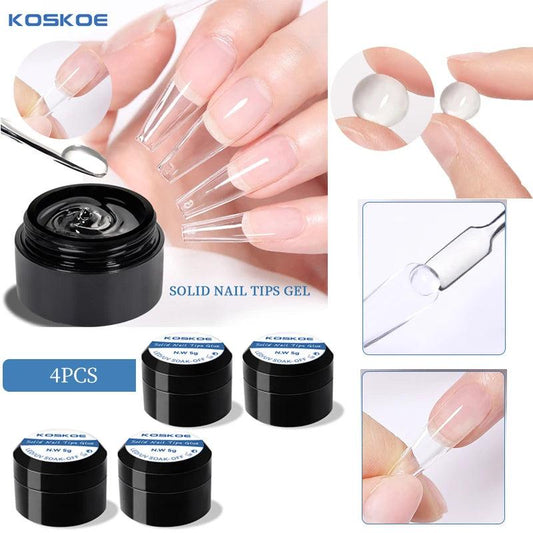 KOSKOE 4Pcs Clear Non Stick Hand Solid Nail Tips Glue Nail Art Extension Tips Glue No-Flowing Modelling Stick Tips Glue