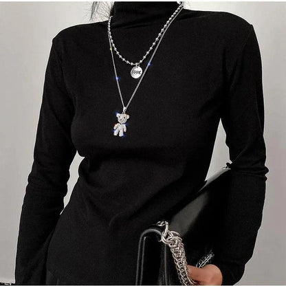 WANZHI Stainless Steel Necklace for Women Fashion Double Layer String Beads Chain Shiny Zircon Bear Pendant Trend Party Jewelry