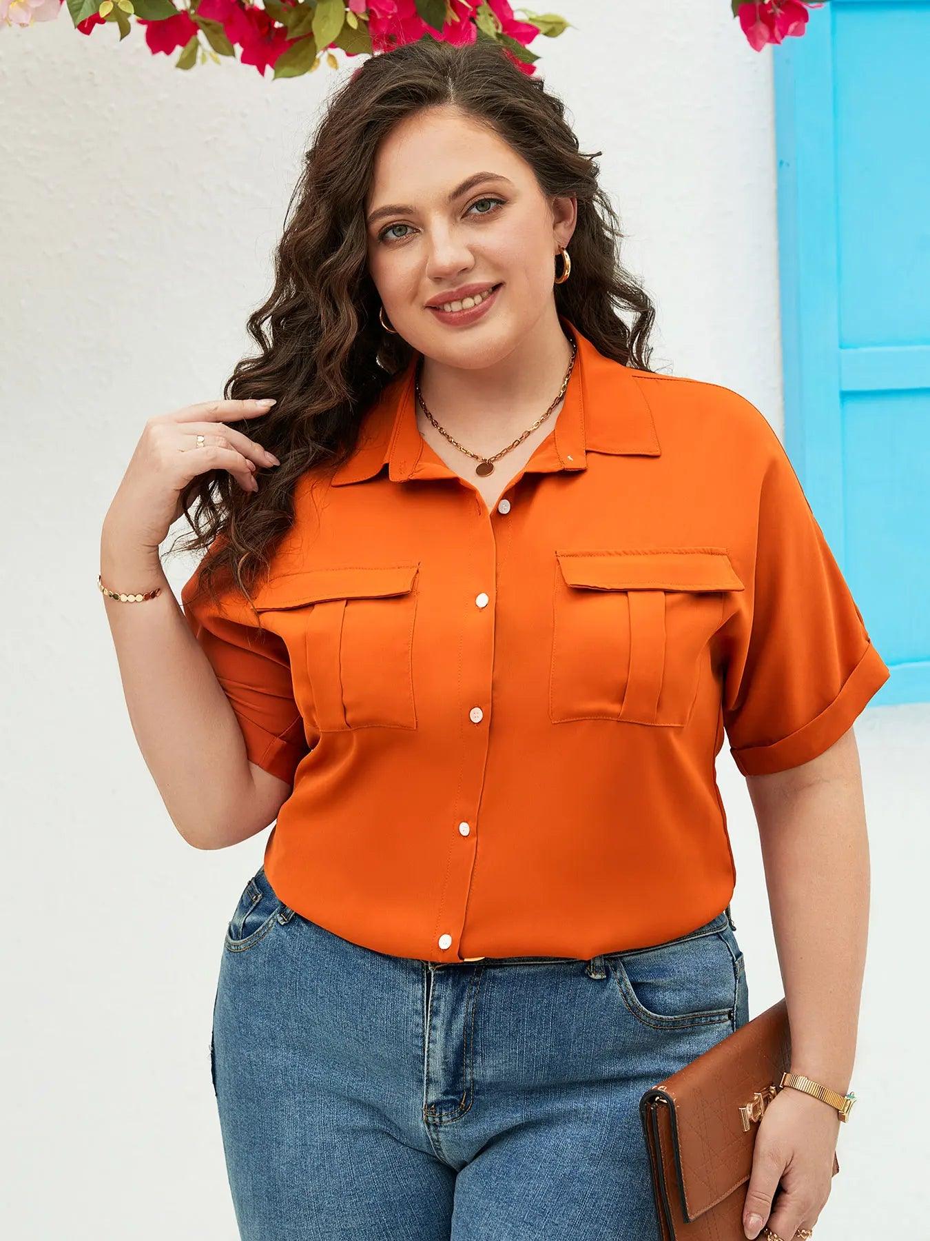 Plus Size Casual Blouse, Women's Plus Solid Roll Up Short Sleeve Turn Down Collar Button Up Shirt Top With Flap Pockets