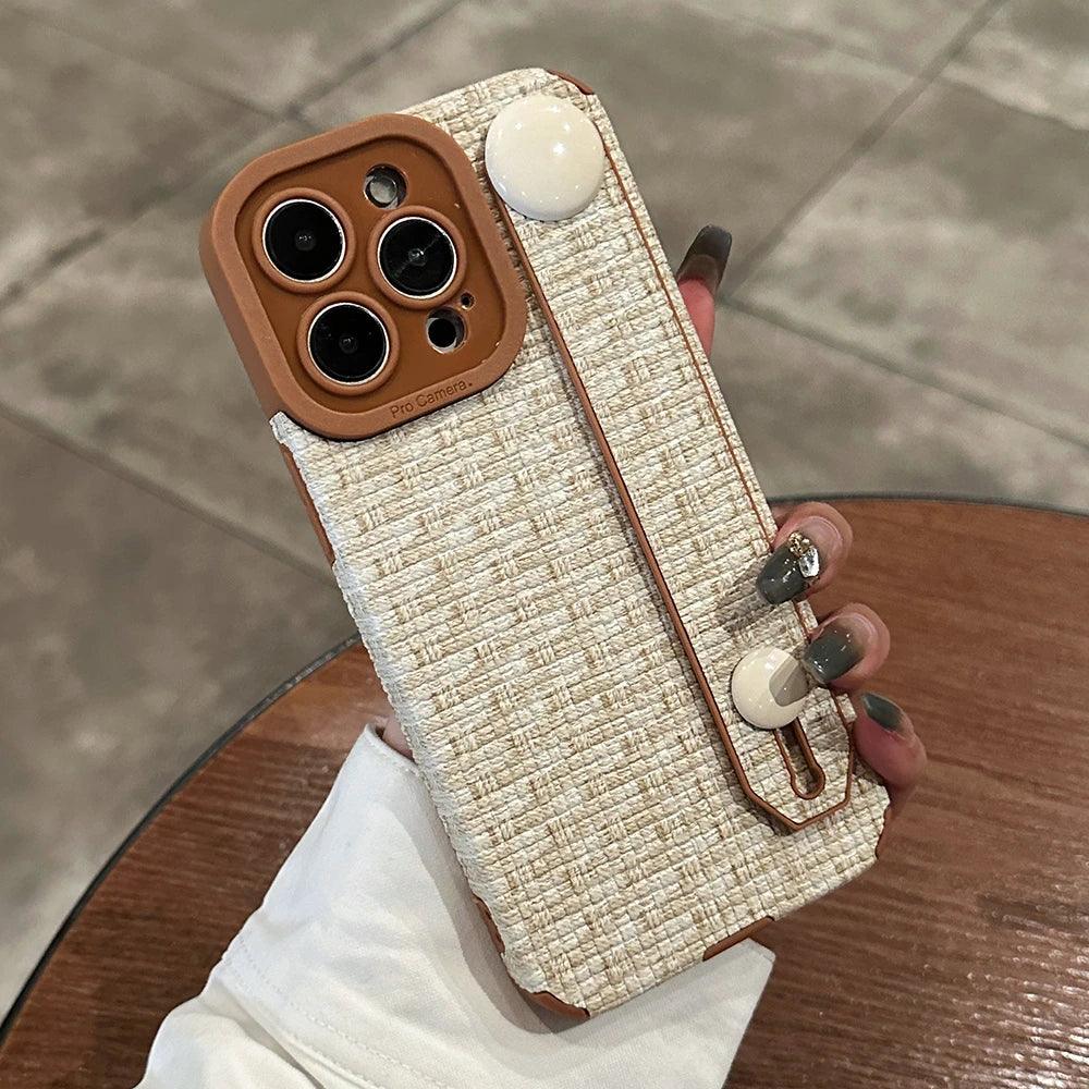 Luxury Weave Pattern Wrist Strap Holder Stand Case For iPhone 15 Pro Max 14 13 12 11 Silicone Camera Protection Shockproof Cover