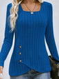 Square Neck Solid Ribbed Button DecorT-Shirt, Casual Long Sleeve Top For Spring & Fall, Women's Clothing