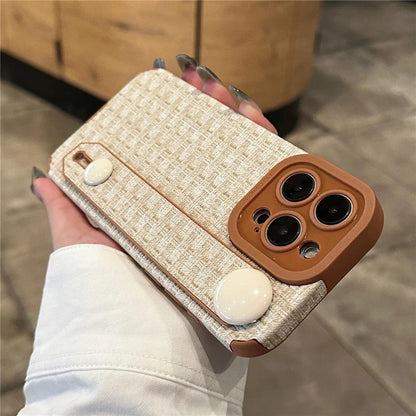 Luxury Weave Pattern Wrist Strap Holder Stand Case For iPhone 15 Pro Max 14 13 12 11 Silicone Camera Protection Shockproof Cover