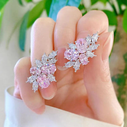 Luxury Fashion Silver Color Inlaid with White Pink Zircon Stud Earrings for Women Exquisite Engagement Wedding Earrings Jewelry