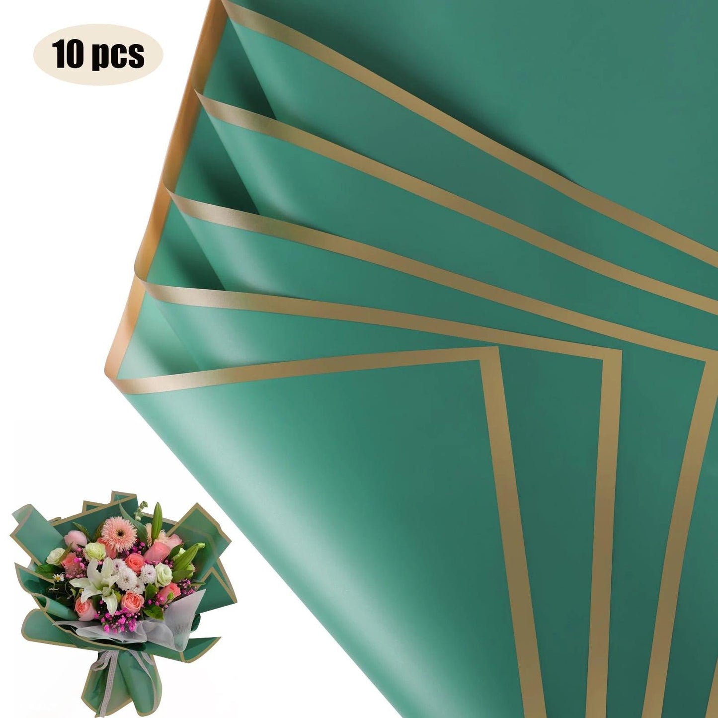 10 Sheets Flower Wrapping Paper with Golden Edges, Waterproof Bouquet Packaging - Ideal for DIY Weddings & Birthdays