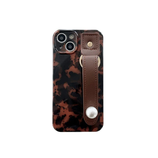 Vintage Amber Leopard Pearl Strap Soft Phone Case for Iphone 11 12 13 14 Pro Max X XR XS Ins Popular Gift Cover for Woman Girl