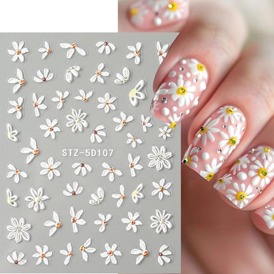 5D Belt Nail Sticker Summer Nail Art Decals Flowers White Daisy 3D Manicure Nail Gel Self Adhesive Stickers Designs Decorations