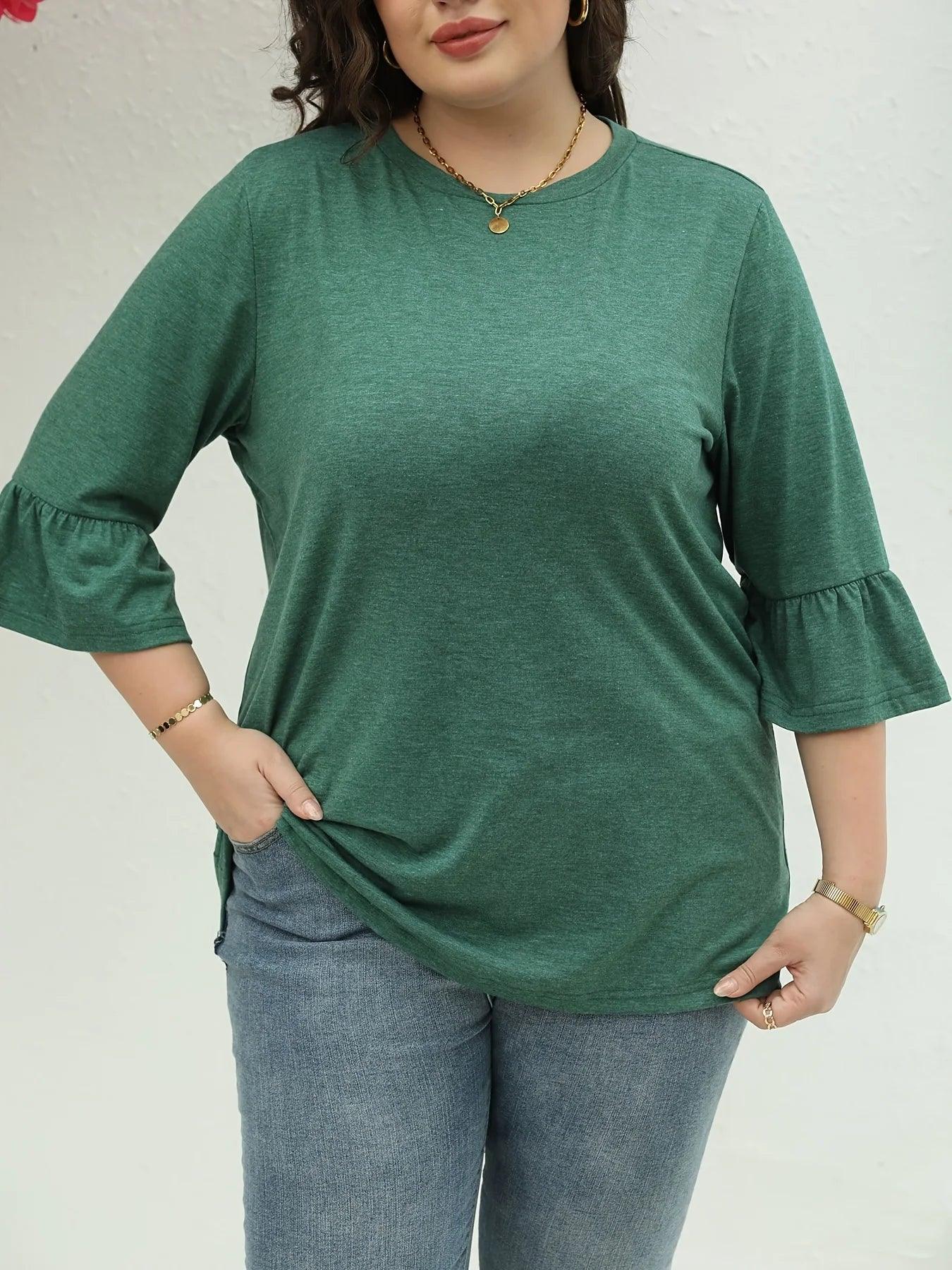 Plus Size Solid High Low Hem Longline Top, Casual Long Sleeve Top For Spring & Fall, Women's Plus Size Clothing