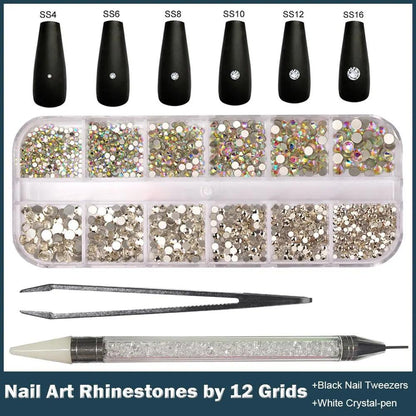 12 Grids Multi Sizes Nail Rhinestones Set Crystal AB Clear Gems with Crystal Pen Clips for DIY Nail Art Decorations