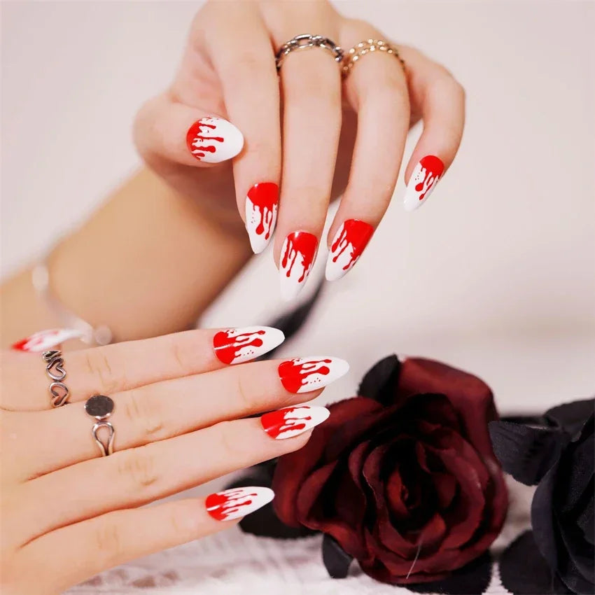 24pcs Artificial Acrylic Nail Art Fake Nails Full Coverage Removable Press on Nails Halloween Pumpkin Skull Moon False Nail Tip