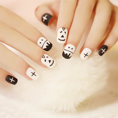 24pcs Artificial Acrylic Nail Art Fake Nails Full Coverage Removable Press on Nails Halloween Pumpkin Skull Moon False Nail Tip