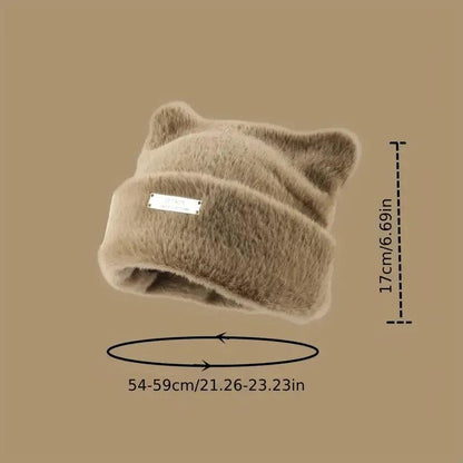 Iron Label Decorative Beanie Hat with Ears Cute Warm Plush Cat Beanie Winter Faux Fur Beanie Elastic Knitted Hat Women Outdoor - HighGloss Shop